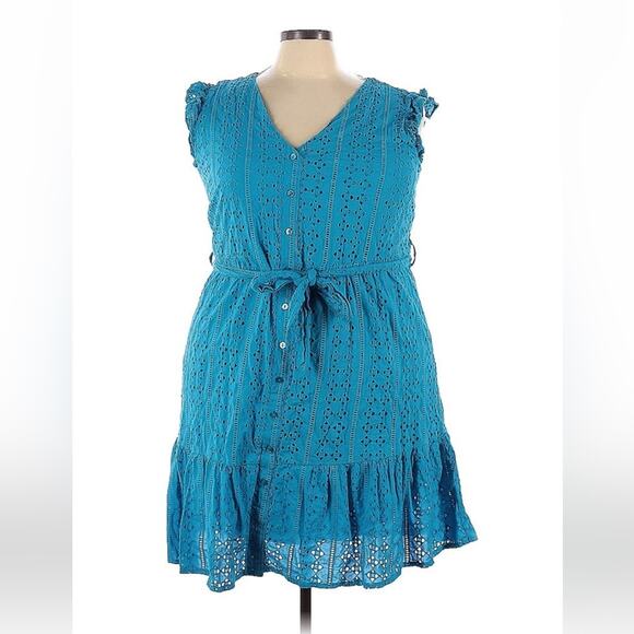 Estelle blue eyelet belted button down sundress flirty ruffle dress, 3X - Picture 1 of 8